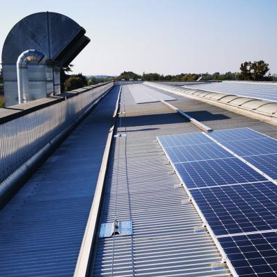 Industrial metal roof with solar panels and fall protection lifeline system.