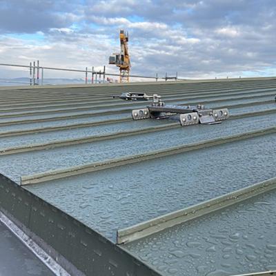 Standing seam metal roof with anchor point and visible moisture risk