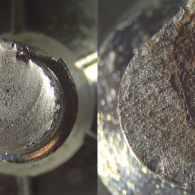 Close-up of screw failure in wood-metal connection