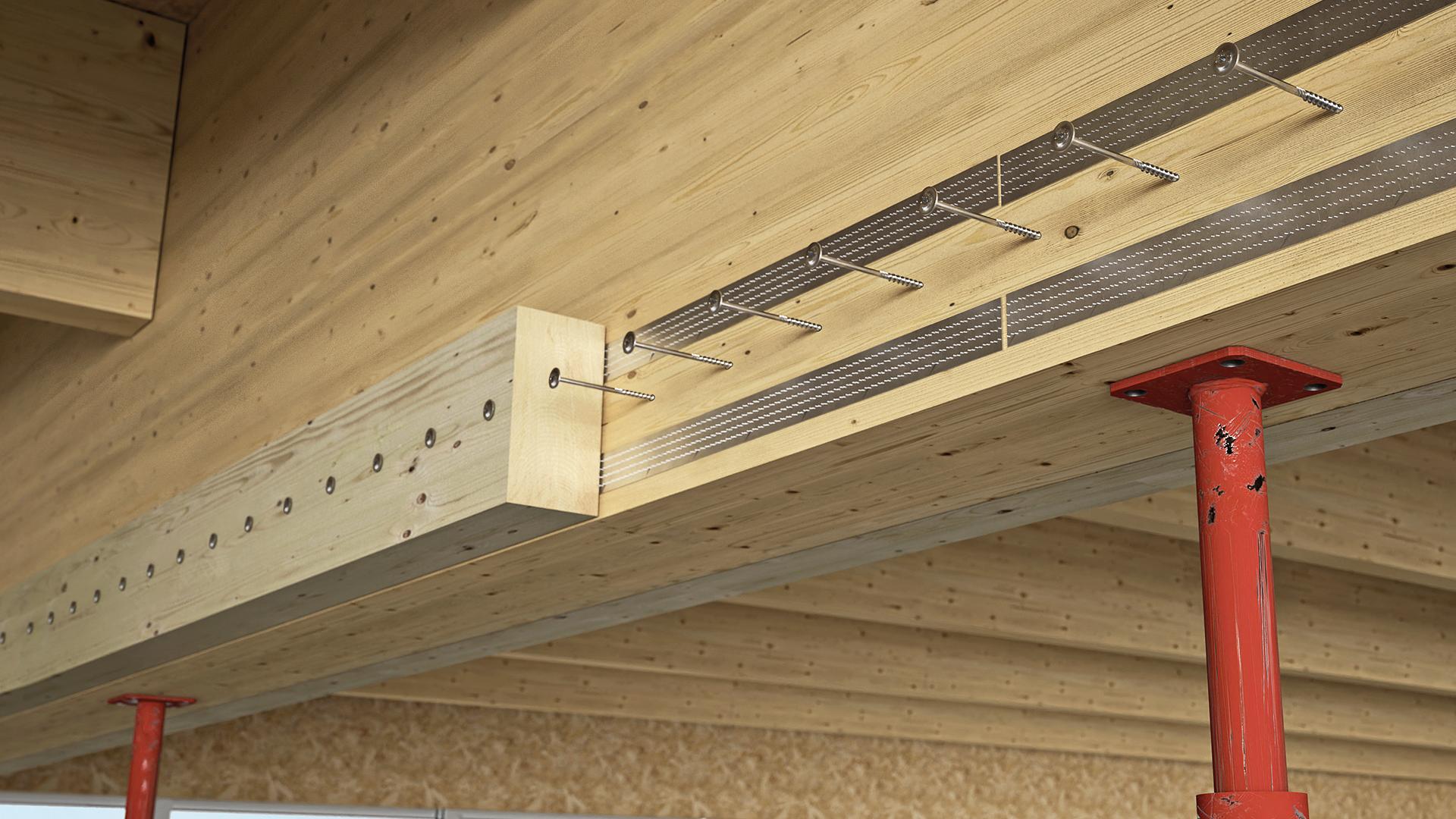 Connessione strutturale con piastre uncinate SHARP METAL e viti su trave in legno