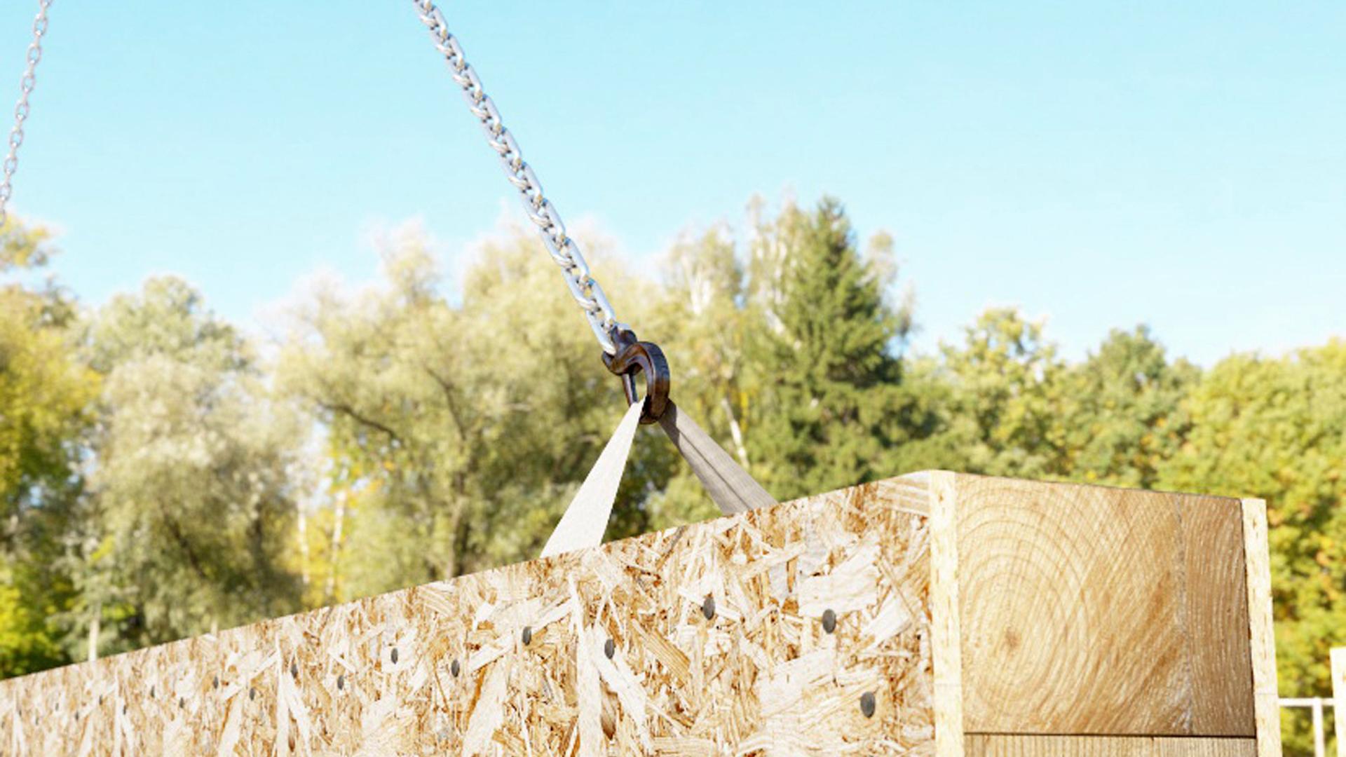MANTIS reusable lifting strap installed in a timber frame wall panel during on-site handling and transport