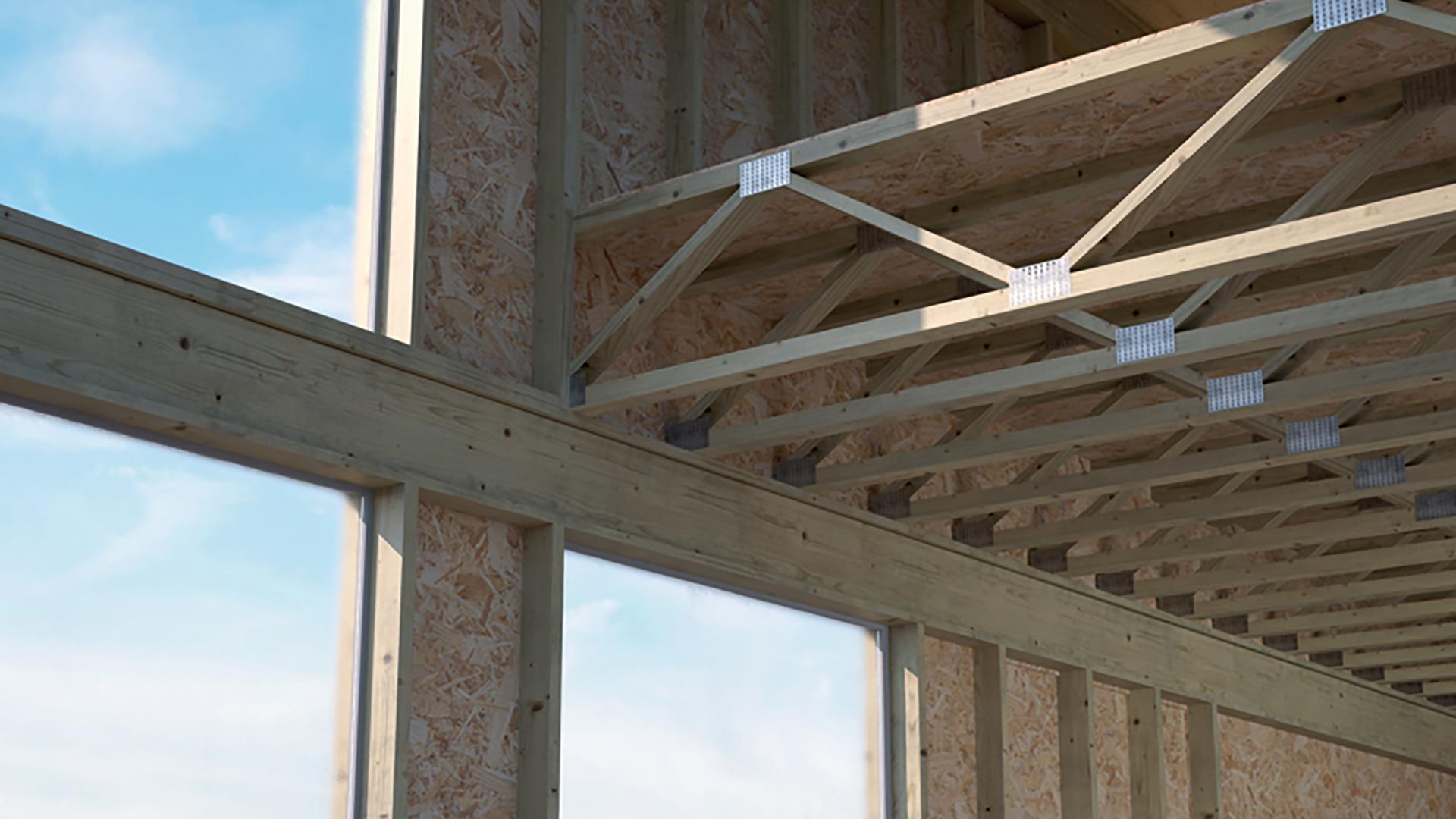 TBS FRAME screw installed in a timber frame joint with metal plate, technical render view