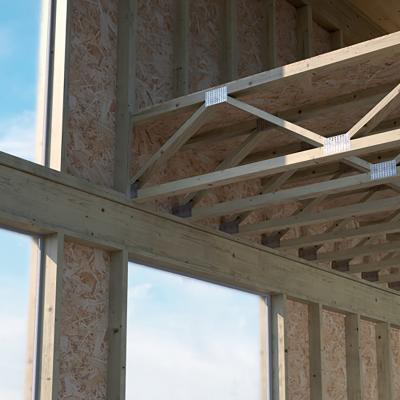 TBS FRAME screw installed in a timber frame joint with metal plate, technical render view