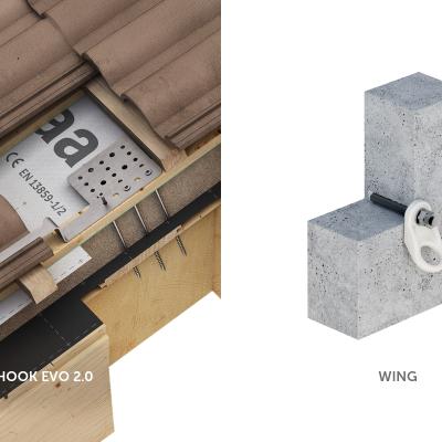 Permanent roof anchorage point integrated in layered roof system for certified fall protection system 