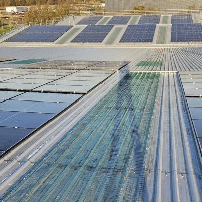 Skylight fall protection system integrated with photovoltaic installation on industrial metal roof
