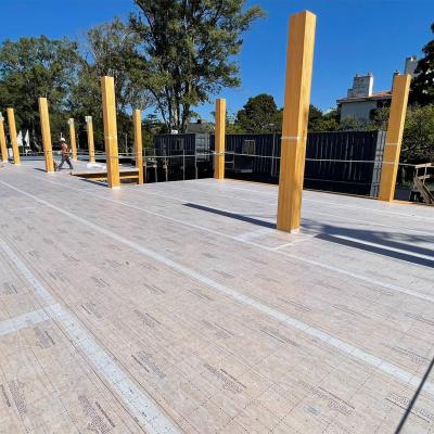 Mass timber construction site with self-adhesive breathable membrane applied on CLT floor for timber protection on site and moisture control. 
