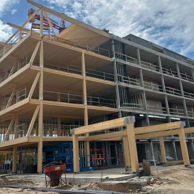 Hybrid timber and concrete building under construction in Uruguay with exposed structural frame