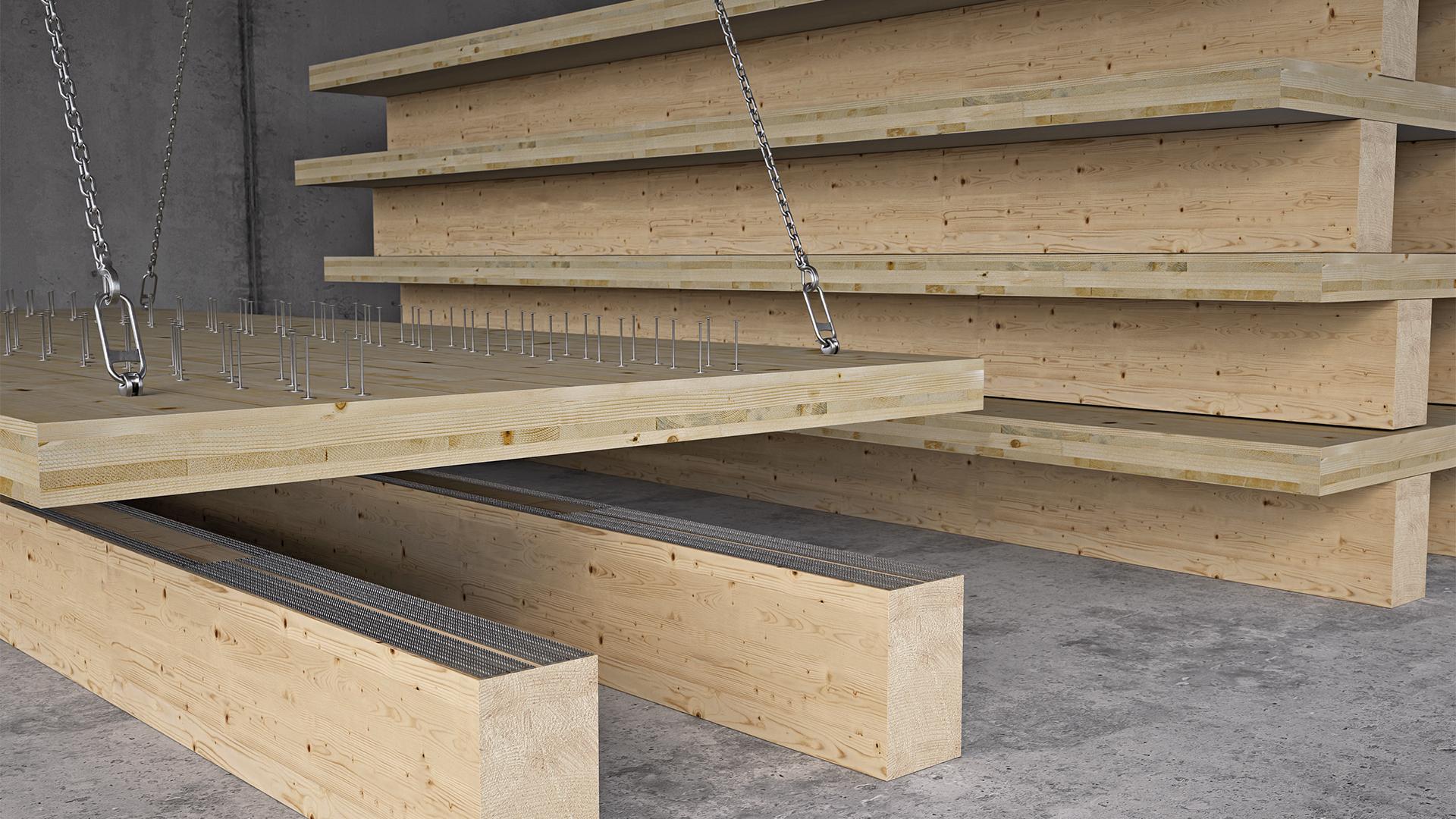 Mass timber beams with SHARP METAL dry connection system during installation 