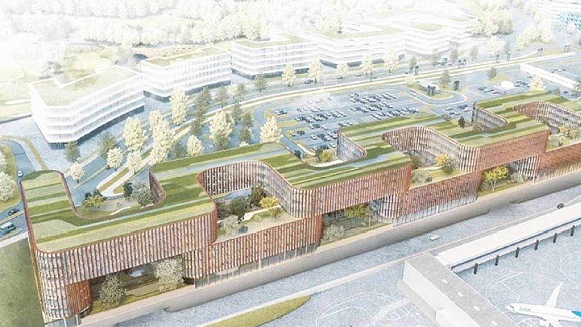 Skypark Business Center Luxembourg aerial rendering showing sustainable timber architecture and green roof design 