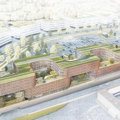 Skypark Business Center Luxembourg aerial rendering showing sustainable timber architecture and green roof design 