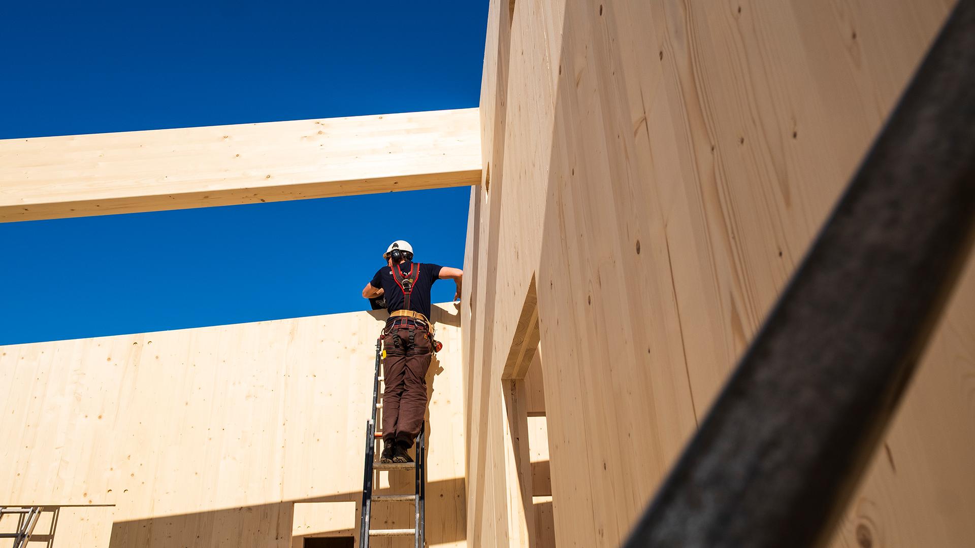 Installation of CLT panels and beams for timber pavilion construction 