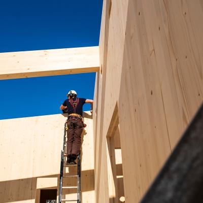 Installation of CLT panels and beams for timber pavilion construction 