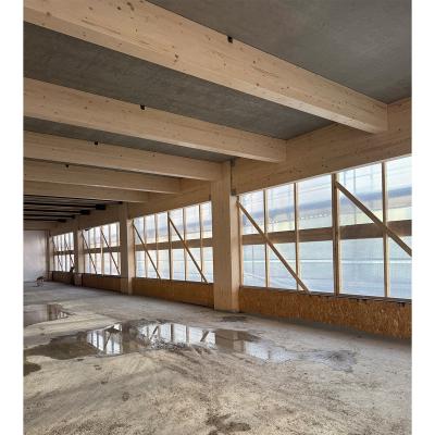 Engineered timber beams and columns in post and beam system with glulam structure and concrete slab in interior construction phase