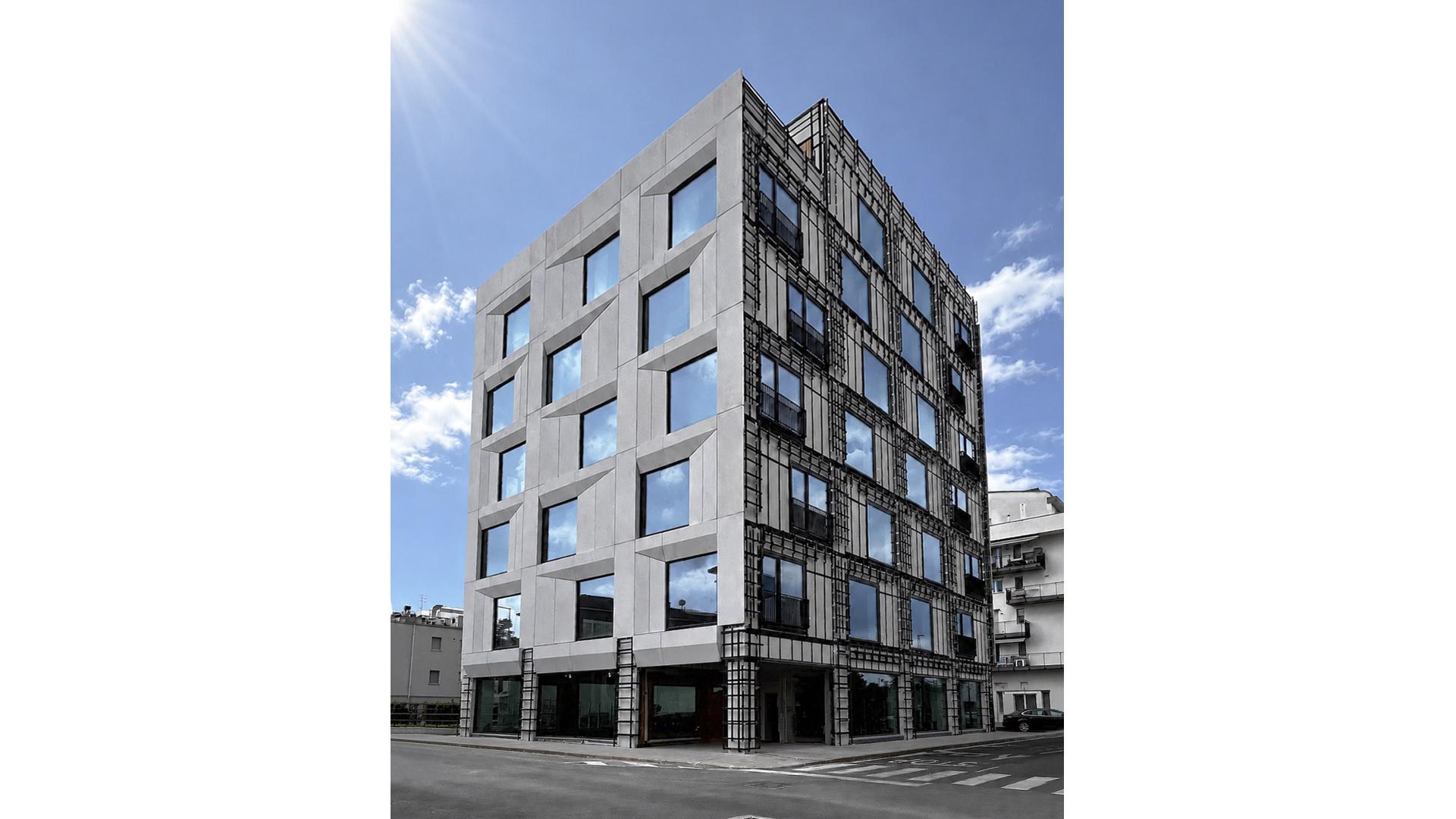 Prefabricated facade retrofit on existing building showing installation phases and building envelope transformation