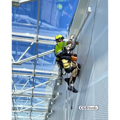  H-RAIL rigid rail system mounted on steel structure under glazed atrium roof, installed by CGS Nordic to enable rope access for safe maintenance of atriums and glazed surfaces.