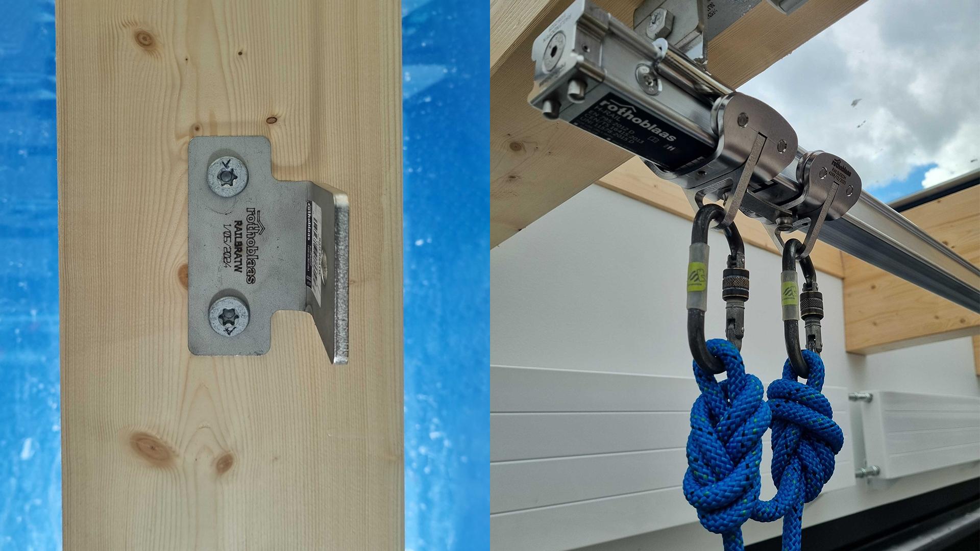  Rothoblaas H-RAIL sliding runner with two locking carabiners and blue ropes attached — rope access system ready for use on a timber and glass roof structure, Denmark.
