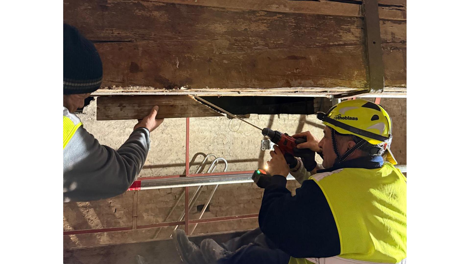 Structural reinforcement work on historic timber trusses at Teatro Farnese, Palazzo della Pilotta, Parma — using Rothoblaas VGS full-thread structural screws.