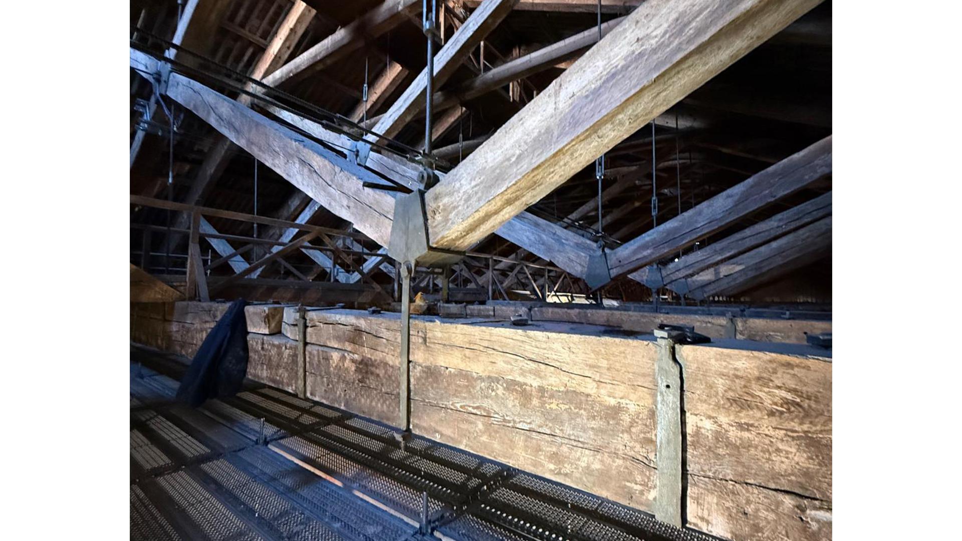 Rothoblaas VGS full-thread structural screws applied to timber beam reinforcement in a heritage restoration project — countersunk head version for flush, discreet installation.