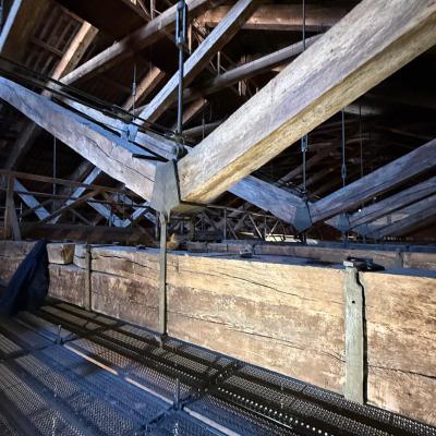 Rothoblaas VGS full-thread structural screws applied to timber beam reinforcement in a heritage restoration project — countersunk head version for flush, discreet installation.