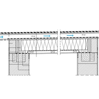 Technical cross-section drawing of a ventilated flat timber roof (Dachaufbau) showing numbered layer sequence and two ventilation configurations — flat roof stratigraphy design.