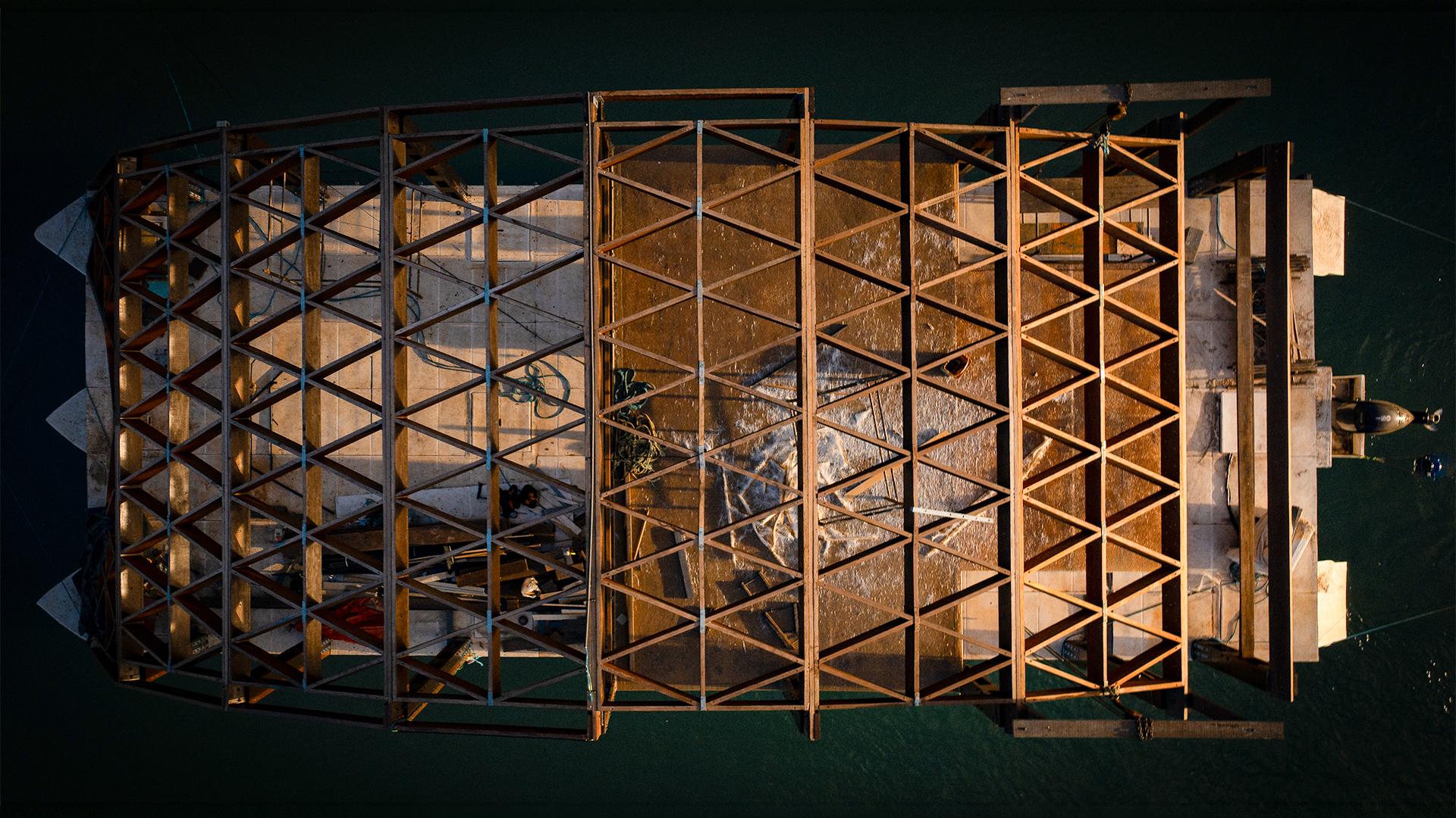 Top view of the Modular Timber Boat and its modular timber structure in Brazil