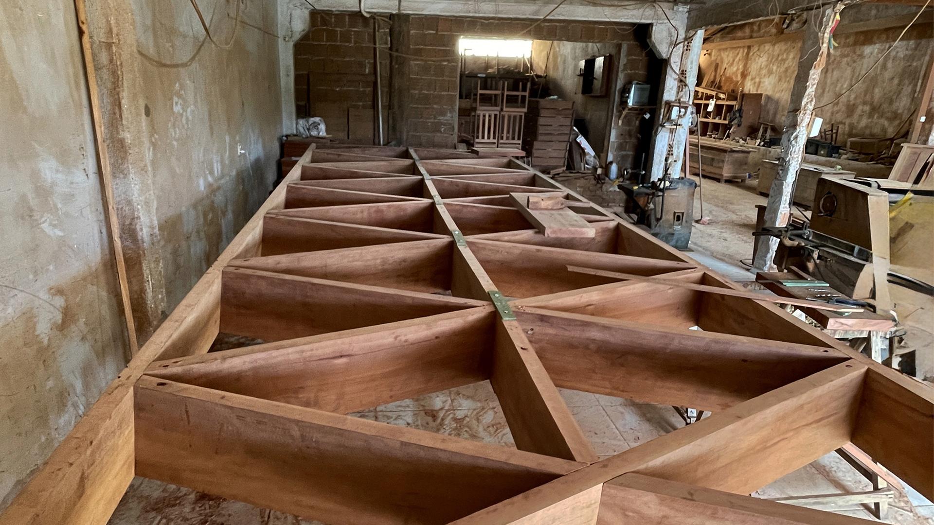 Massaranduba modular timber structure during prefabrication for the Modular Timber Boat in Brazil