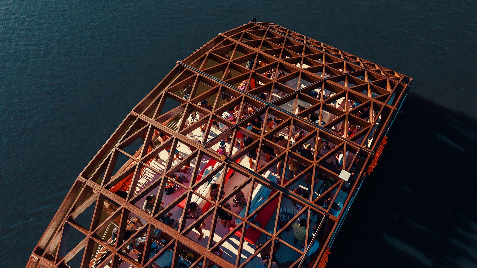 Aerial view of the Modular Timber Boat and its modular timber structure in Brazil