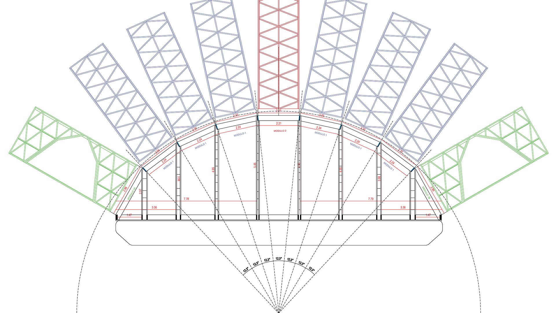 Modular timber construction diagram showing the assembly geometry of the Modular Timber Boat 
