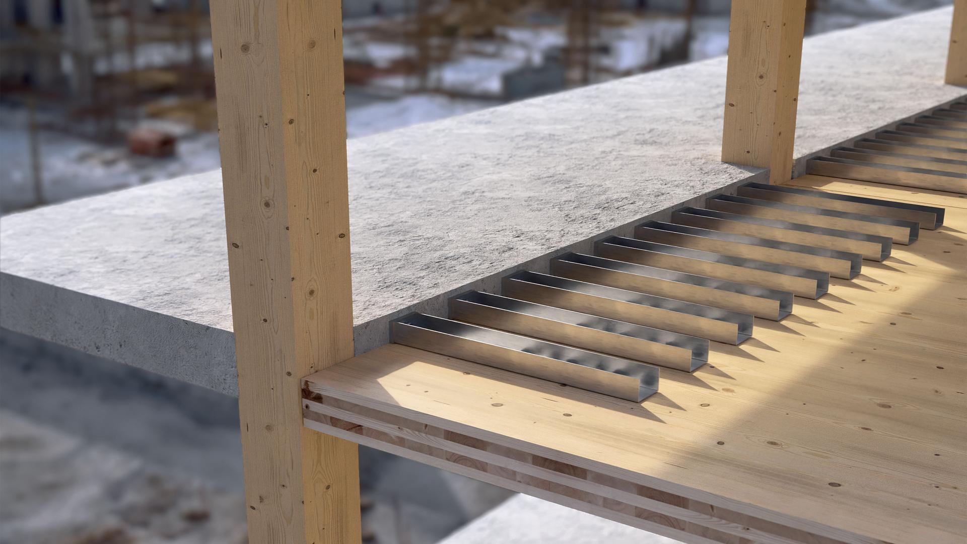 Precast reinforced concrete cantilever balcony slabs resting on X-LAM floors between timber columns in a multi-storey timber building, with steel WHTVG900 connectors visible on the timber slab.