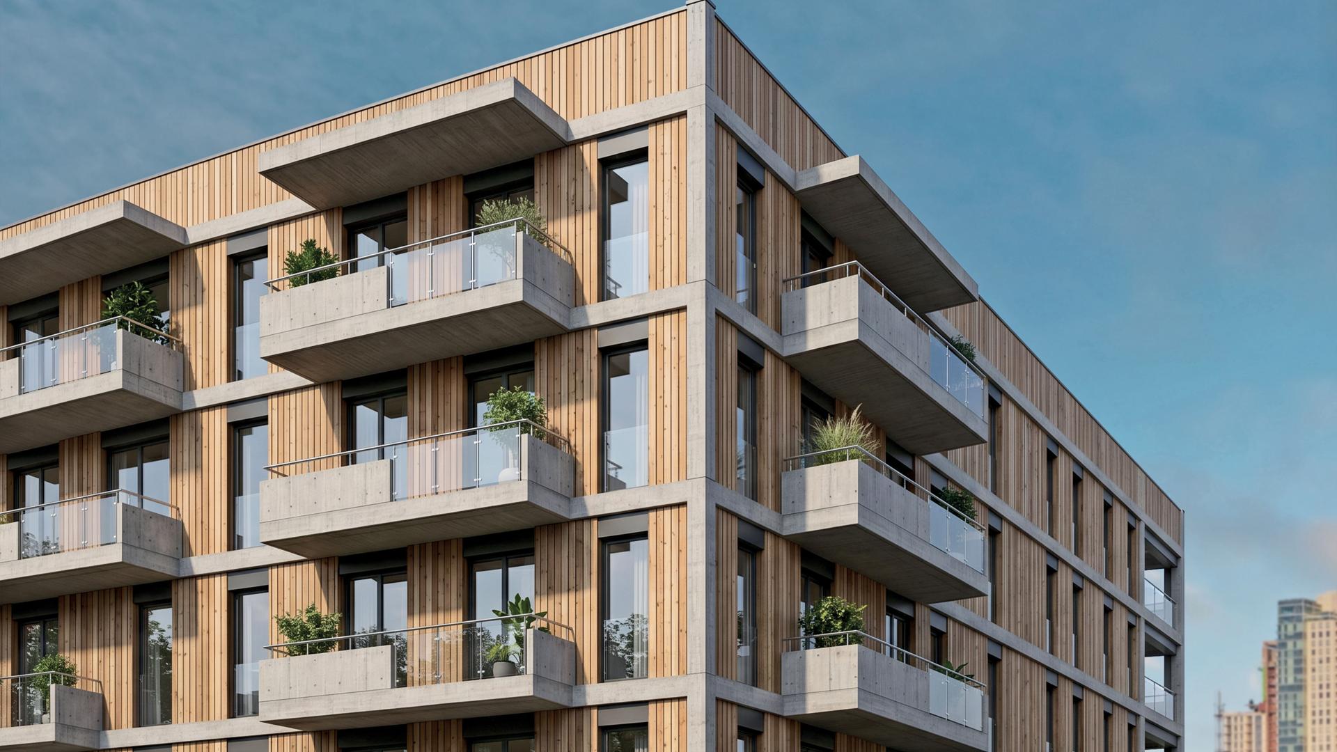 Multi-storey residential building with a timber façade and reinforced concrete cantilever balconies with metal railings, surrounded by trees.